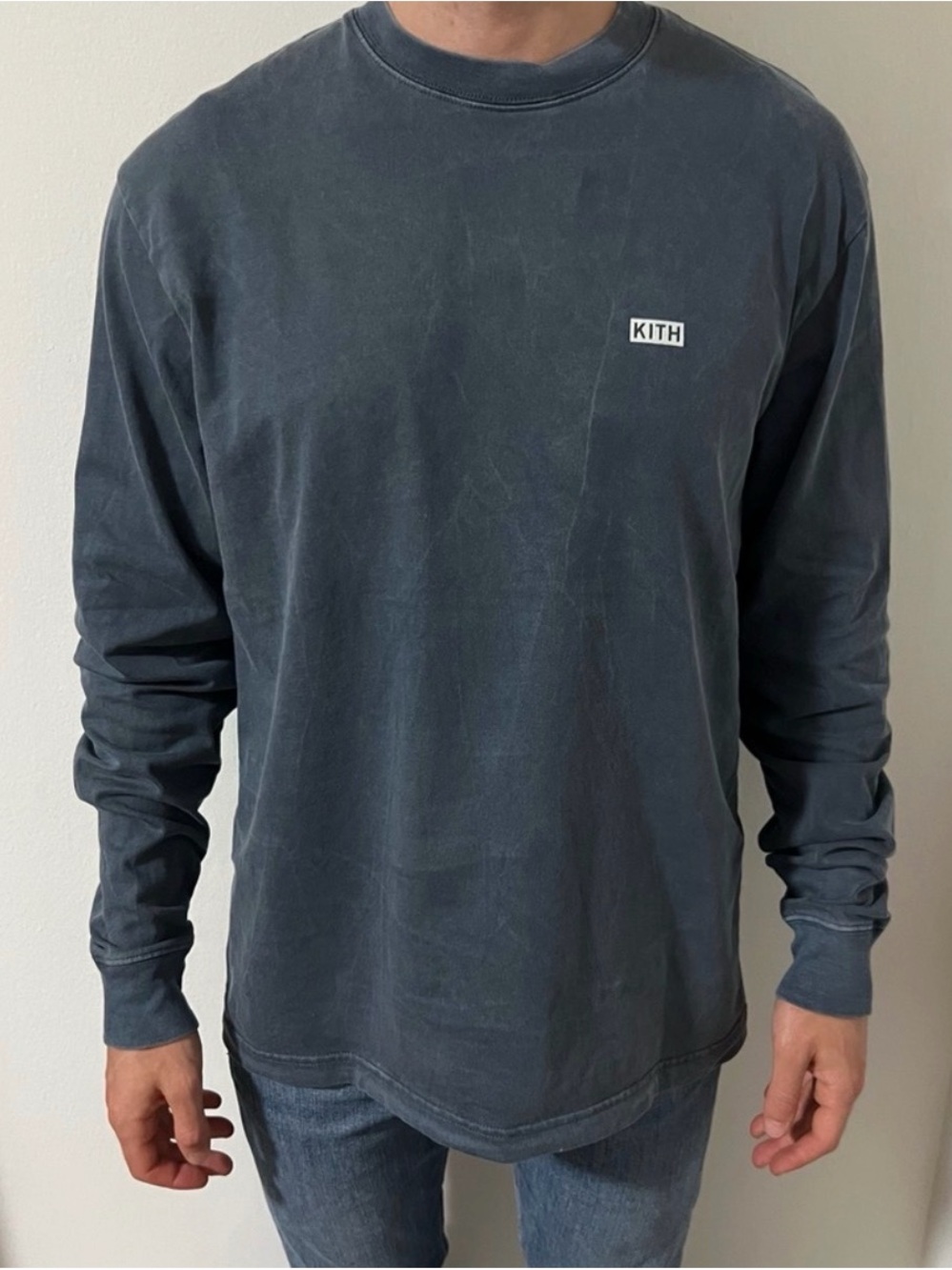 Kith Long Sleeve Tee in Washed Slate Blue with Small Logo